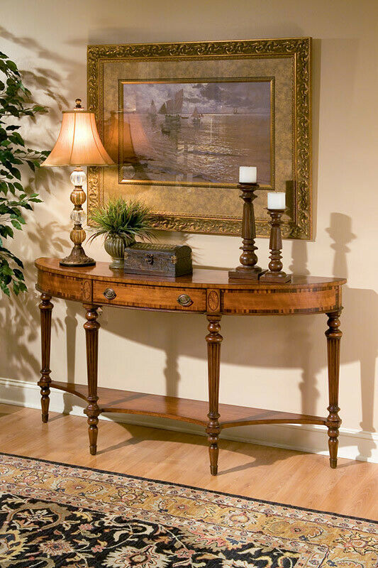 Accent furniture—long inlaid entryway console table