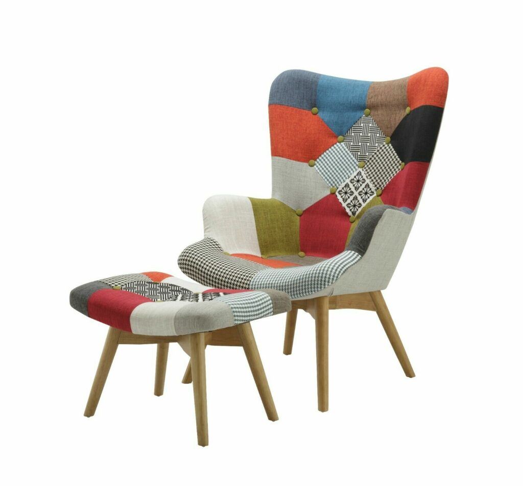 upholstered patchwork armchair and footstool