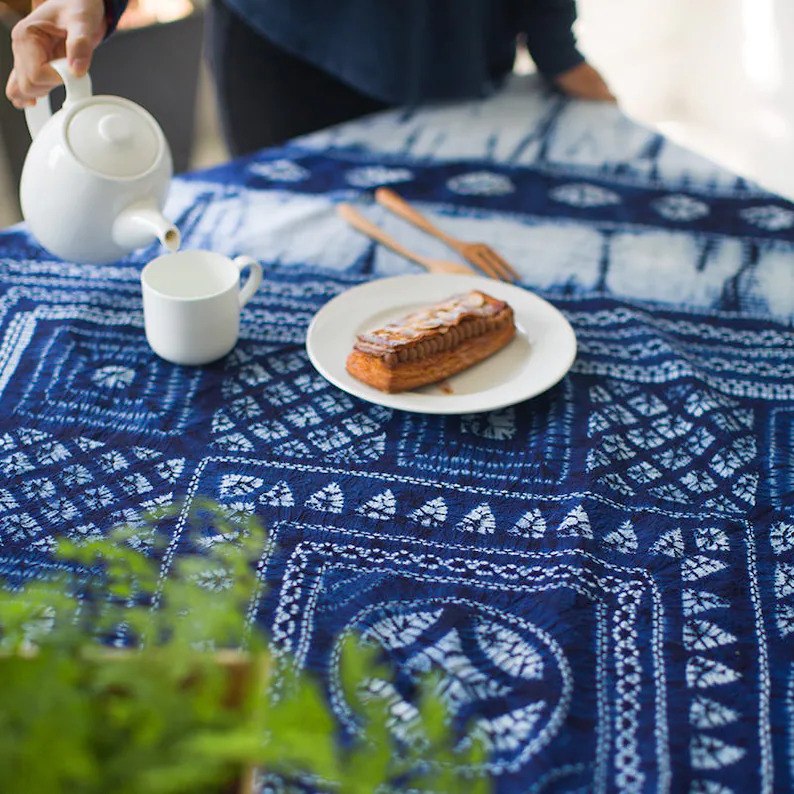 Indigo tie dye boho tablecloth