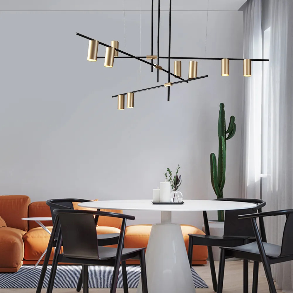Modern Nordic Gold Cylinder Adjustable Black Branch 9-Light Pendant Light | dining room lighting 