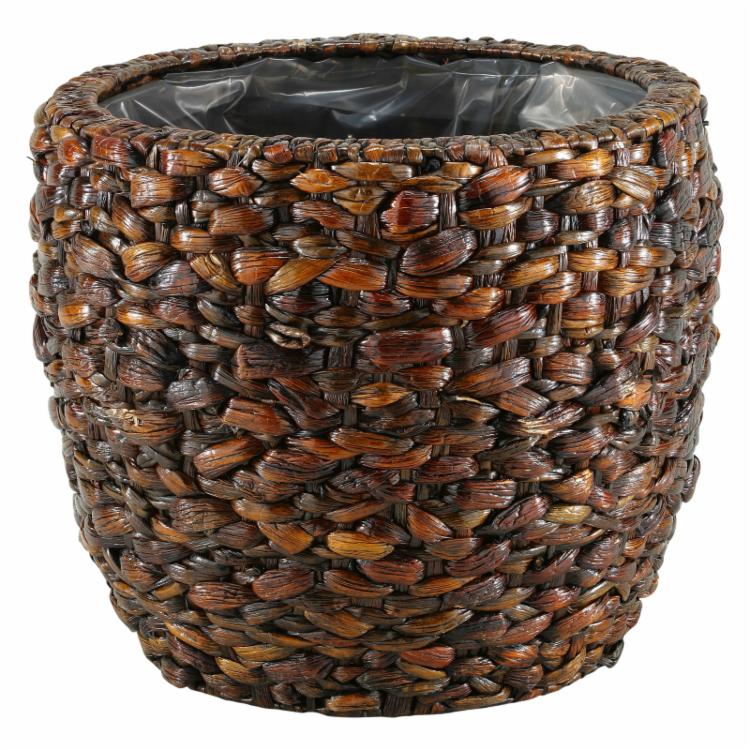 Farmhouse Plant Stand—D and W Silks Shiny Brown Round Basket Planter with Liner