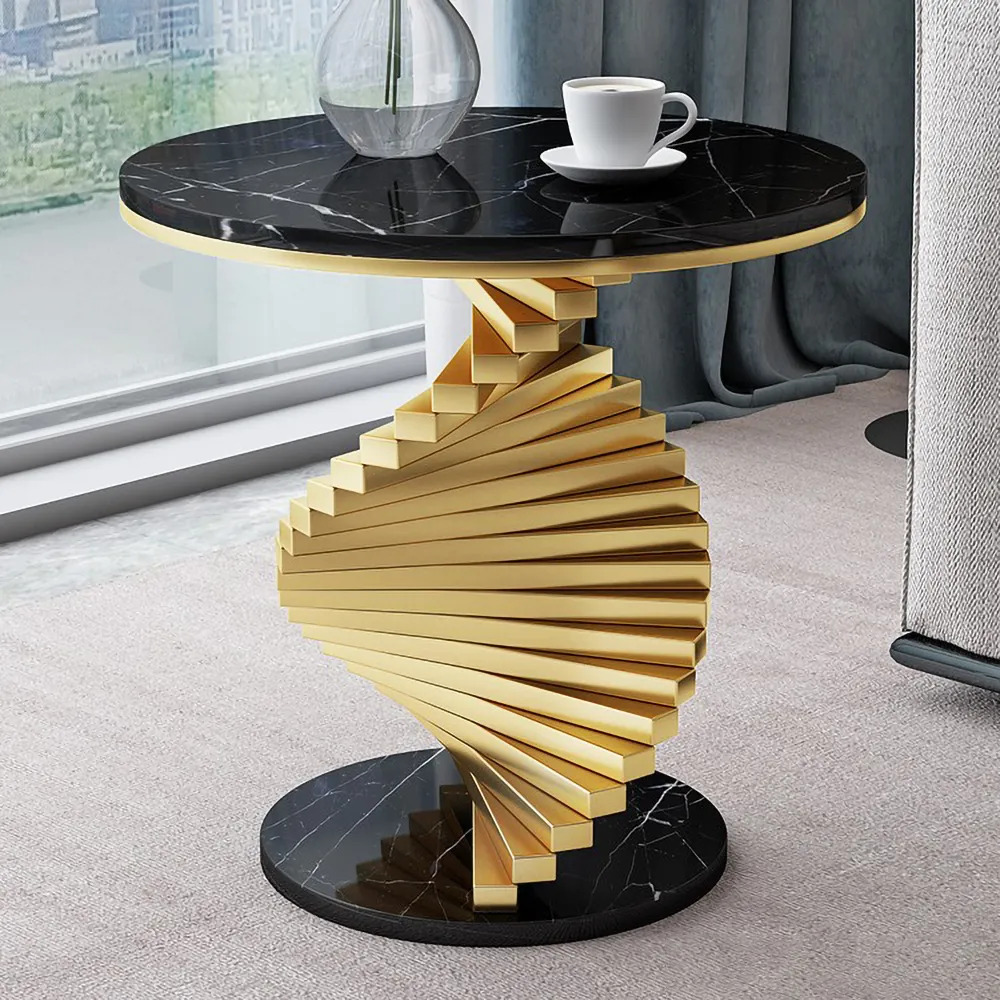 interior design trends 2022—Modern Round Metal Black Gold Side Table with Marble Top