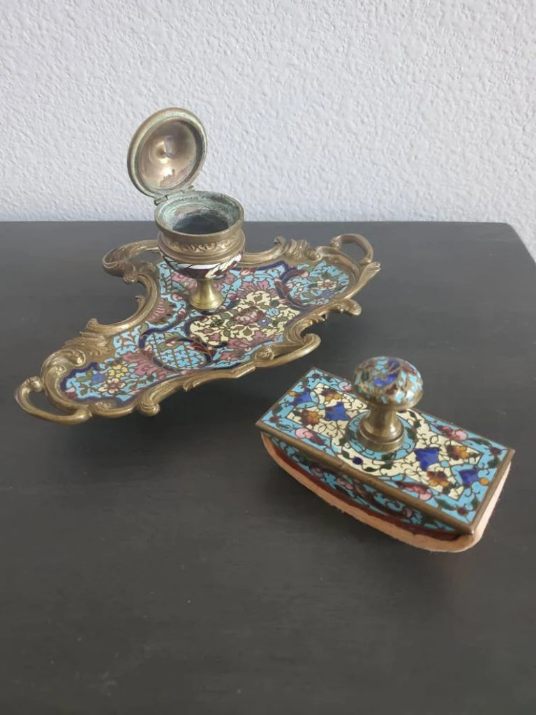 19th Century French Champleve Enameled Inkwell Tray & Blotter Desk Set