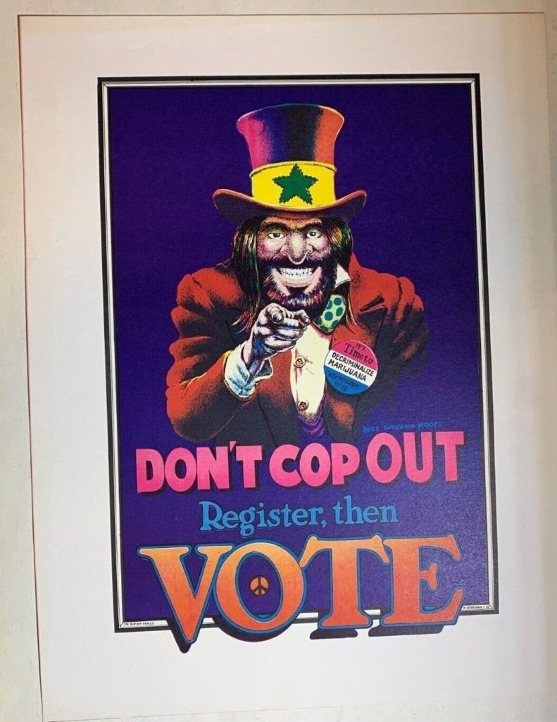 DON'T COP OUT & VOTE VINTAGE 1972 HEADSHOP BLACKLIGHT POSTER By D SHERIDAN