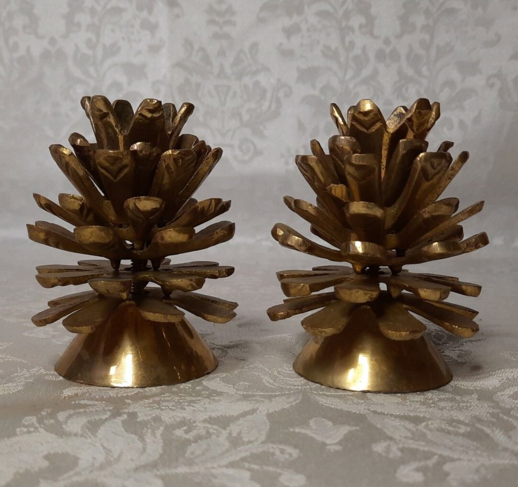 Vintage Pair Solid Brass Pinecone Candle Holders CHRISTMAS TREE

