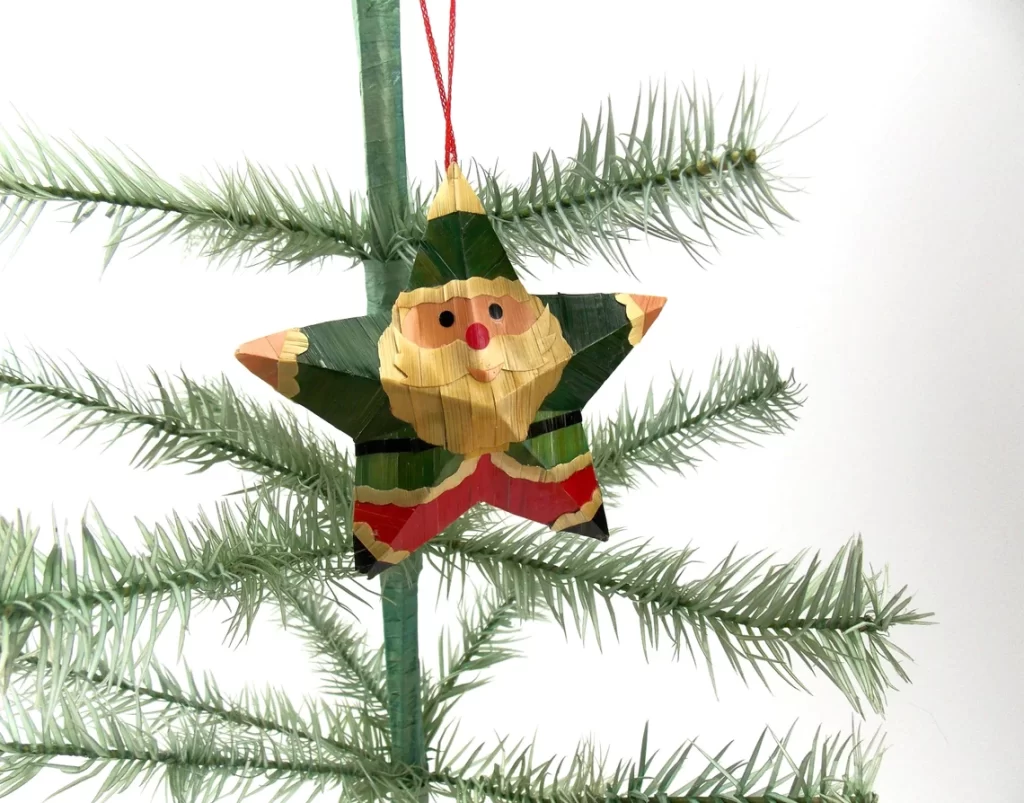 1960s Vintage Handwoven Pressed Bamboo Santa Star Christmas Ornament