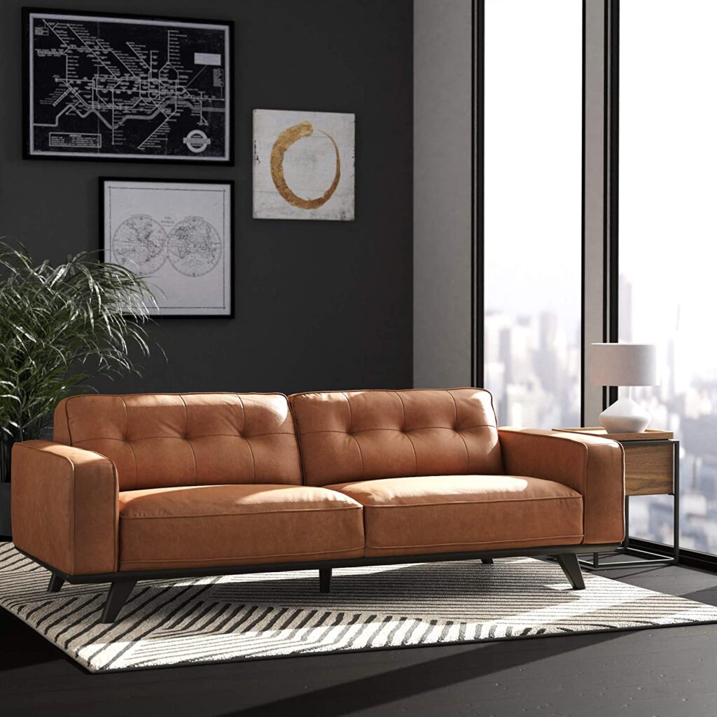 Japandi Living Room Furniture—Leather Sofa Couch with Wood Base
