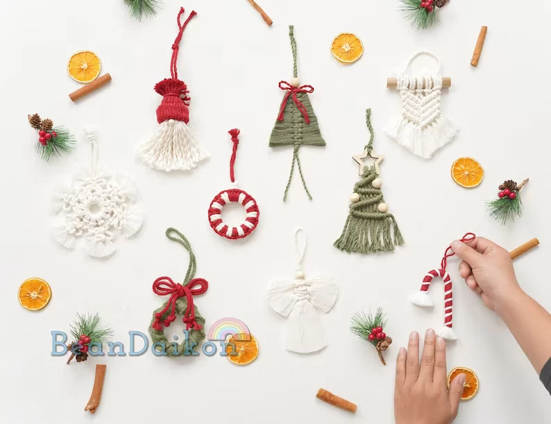Colorful Christmas decorations—Macrame Christmas Ornament Set