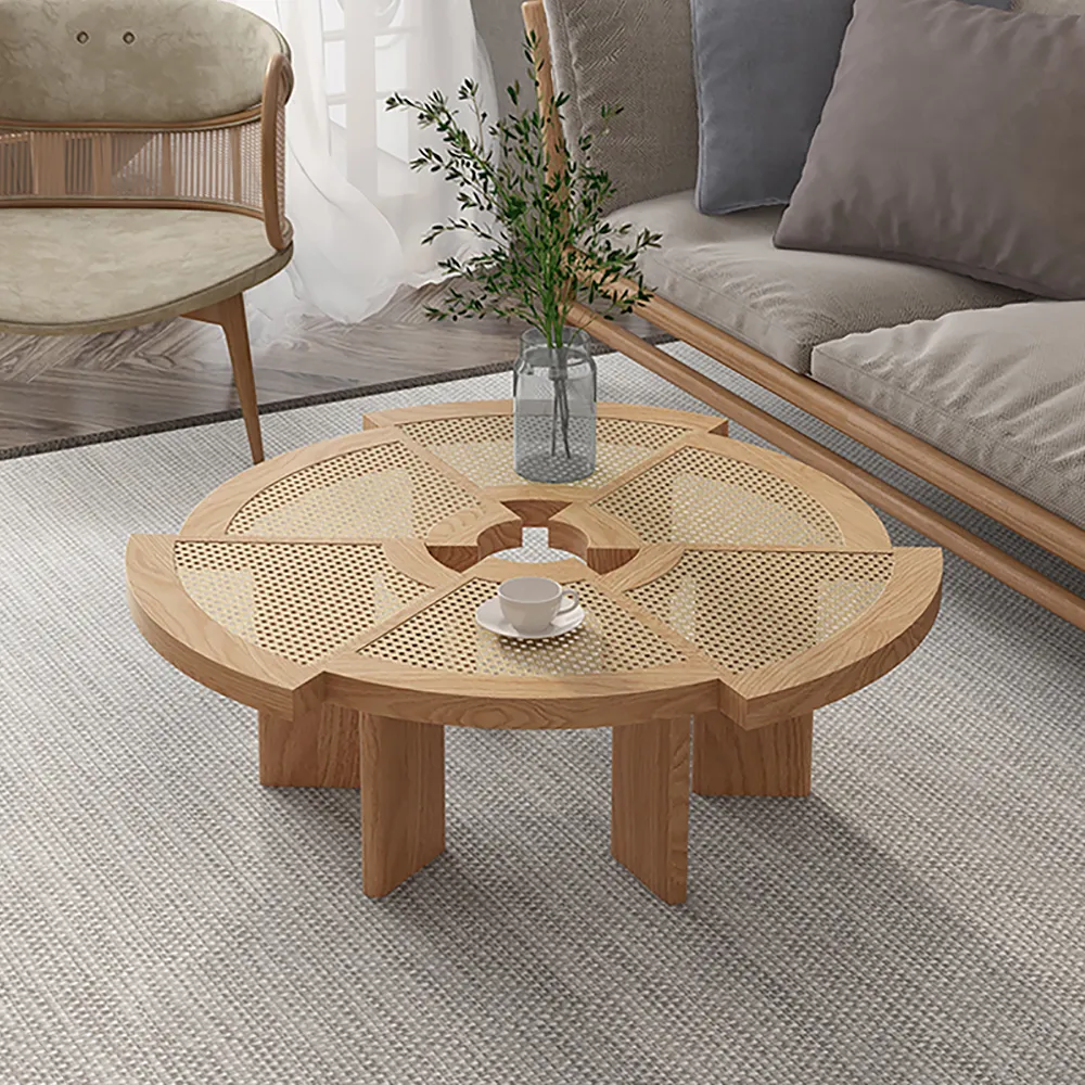 Wooden Coffee Table with Rattan Top Accent Table