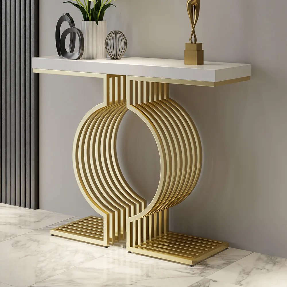 interior design trends 2023—Modern White Narrow Sofa Console Table with Geometric Metal Base in Gold