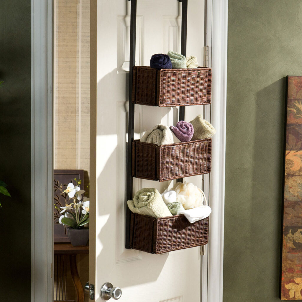 College Dorm Room Ideas—3-tier corner over the door basket storage
