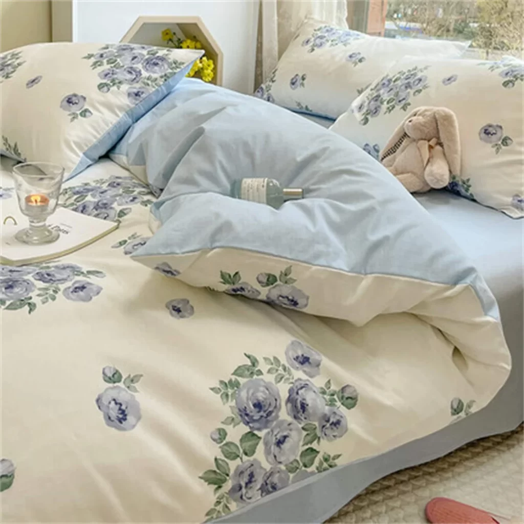 Floral Bedding—100% Blue Floral Cotton Duvet Cover Set