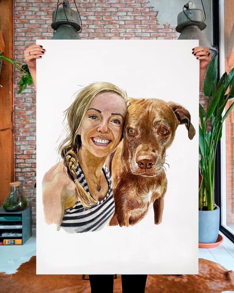 Watercolor Mom and Pet Painting