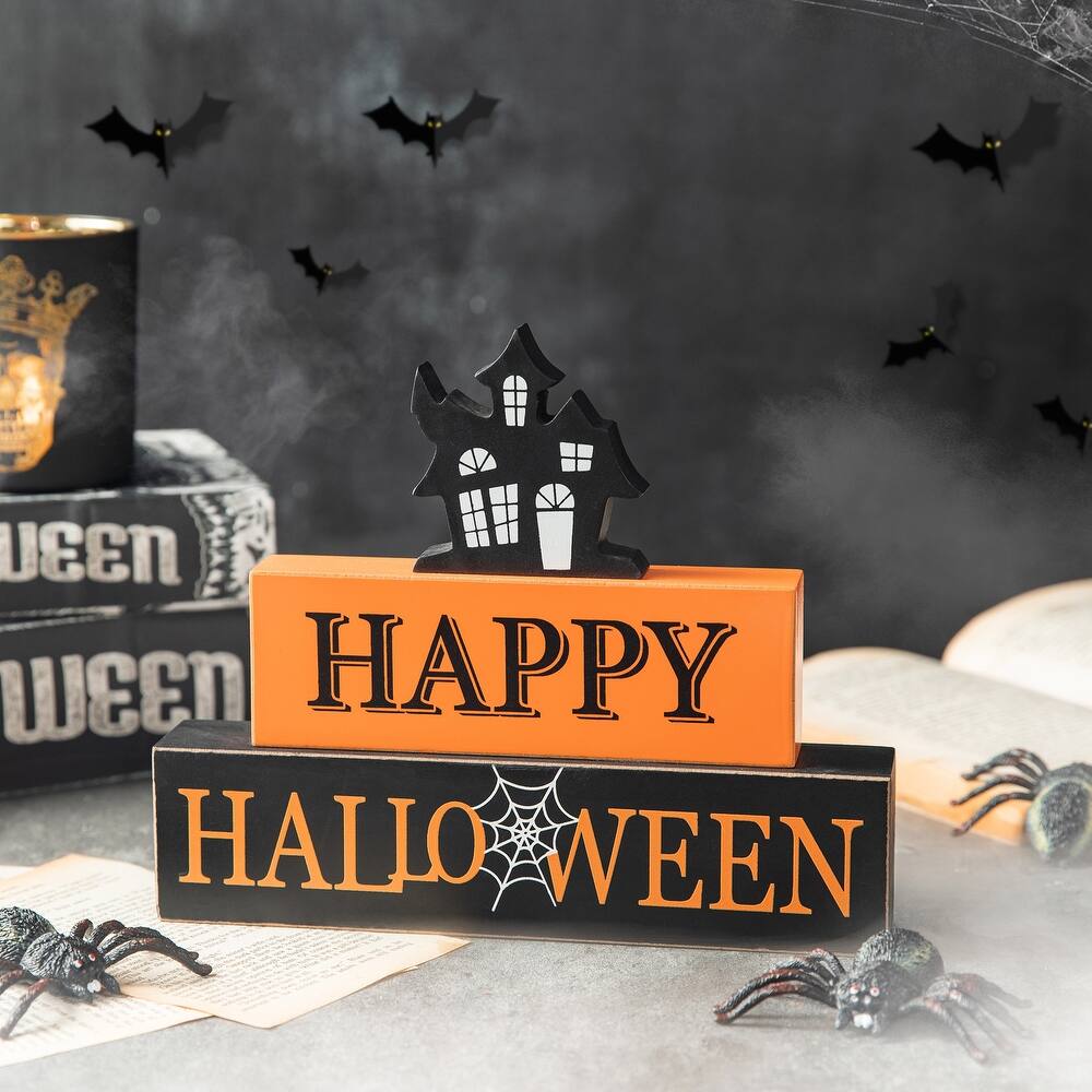 Halloween Mantel Decor—Happy Halloween Wooden Haunted House Block Sign