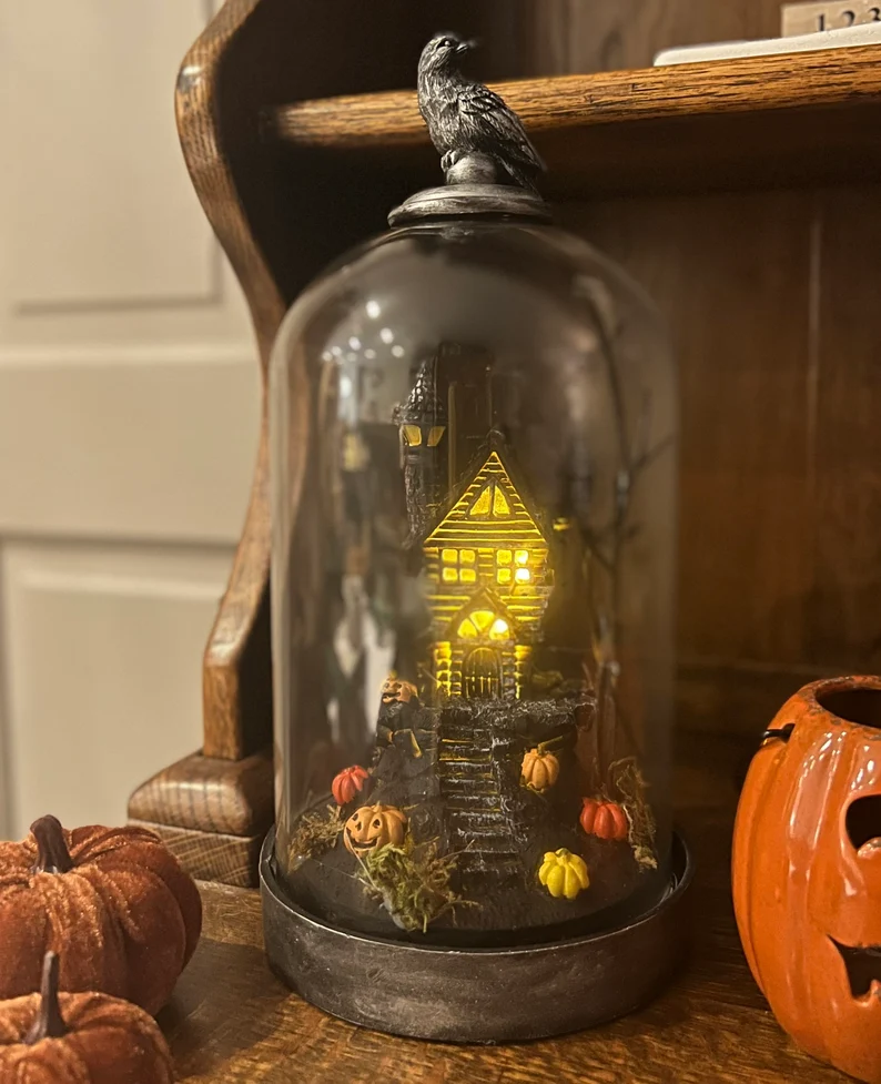 Halloween Mantel Decor—Spooky House Glass Dome