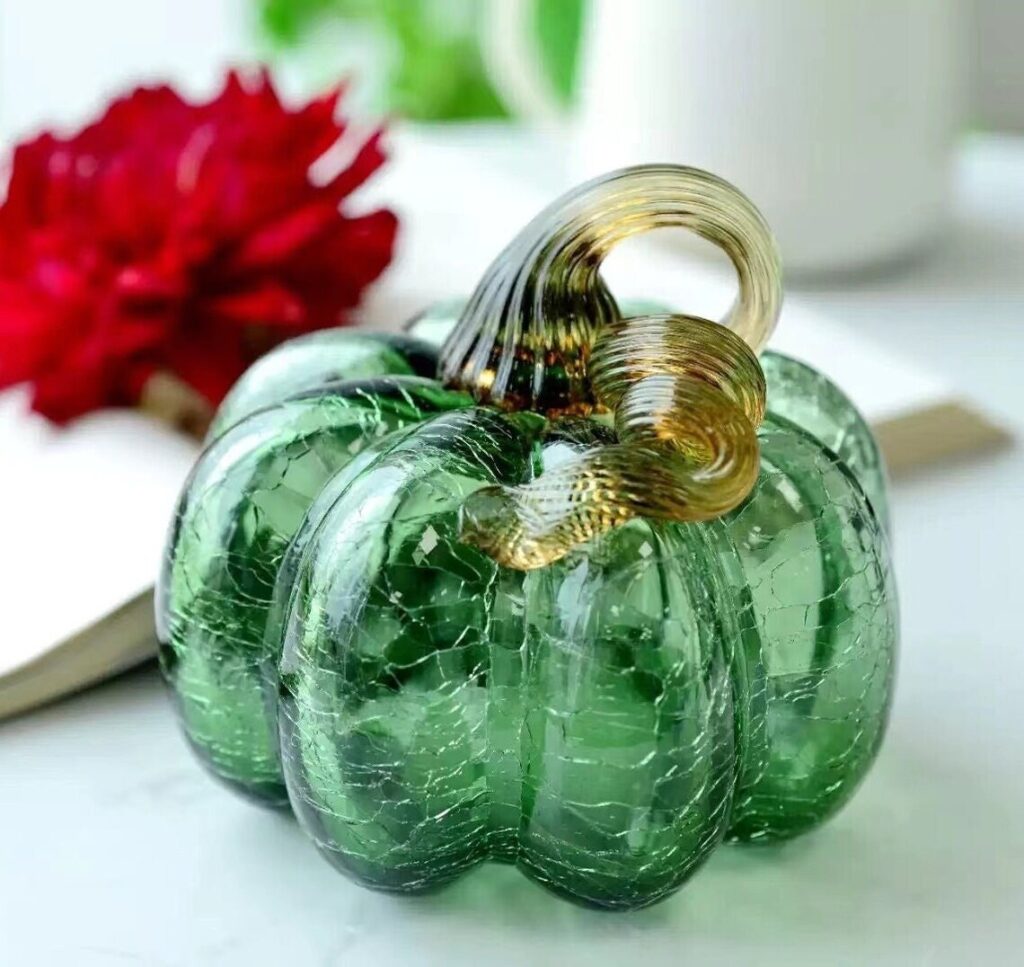 Hand Blown Olive Green Glass Pumpkin Ornament