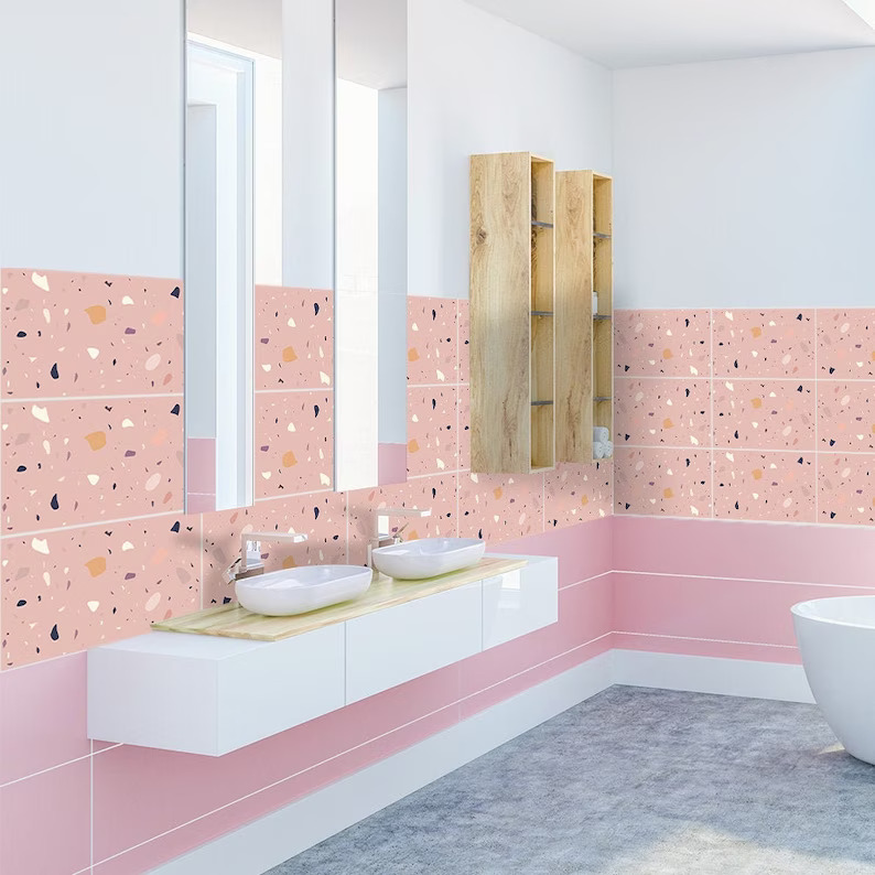 Bathroom Backsplash Ideas—Pink Terrazzo Bathroom Bathroom Backsplash