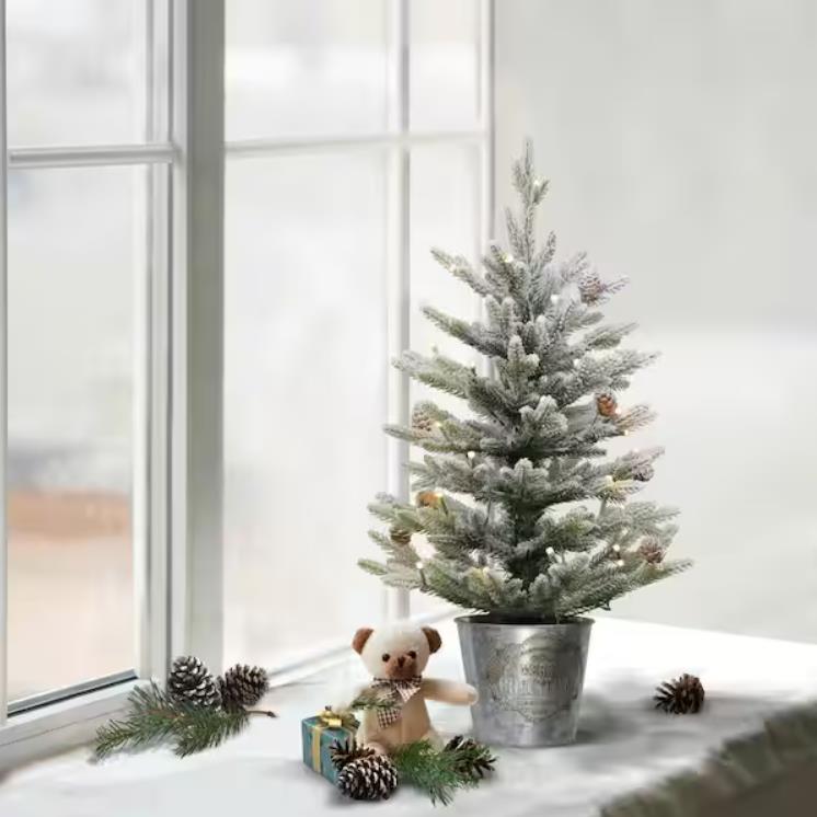 Pre-Lit Flocked Tabletop Christmas Tree in Metal Pot