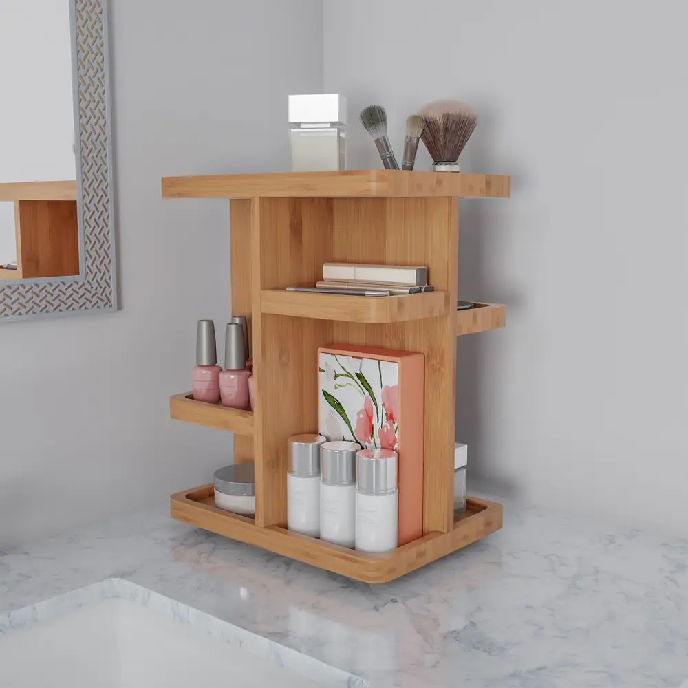 Rotating Eco-friendly Compact Modern Bamboo Bathroom Counter Organizer