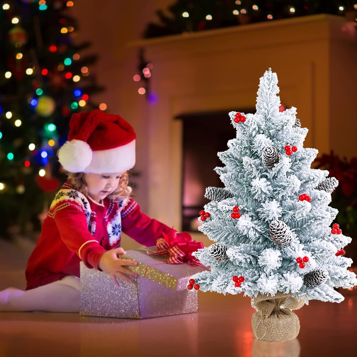 Tabletop Christmas Tree—Pre-lit Flocked Christmas Tree 