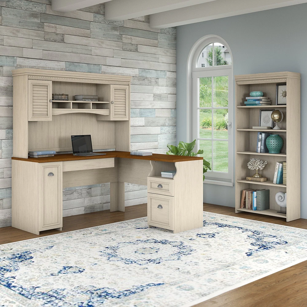 L-shaped Desk with Hutch and 5-shelf Bookcase