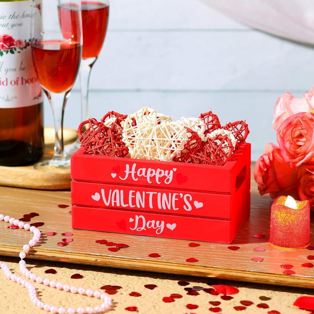 Valentine's Day Wooden Basket with Heart Shaped Rattan Balls Decorations 