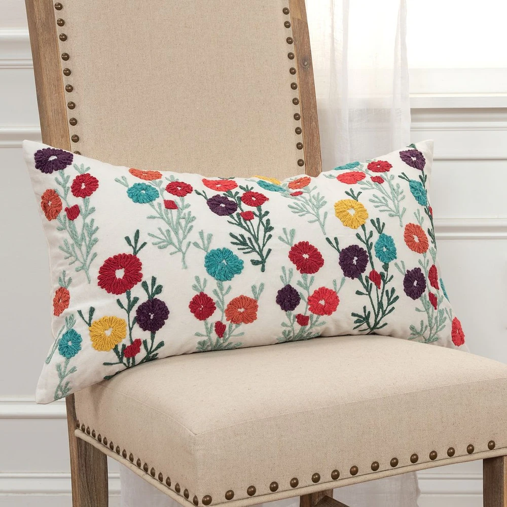 RizzyHome Embroidery Floral Lumbar Pillow