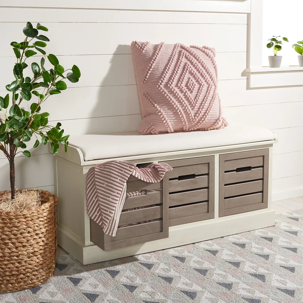 Small Mudroom Ideas—SAFAVIEH Briar 3 Drawer Cushion Bench