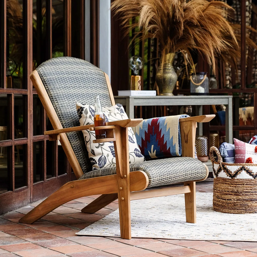 Small Backyard Patio Ideas—Cambridge Casual Auburn Upholstered Teak Outdoor Adirondack Chair in a small backyard