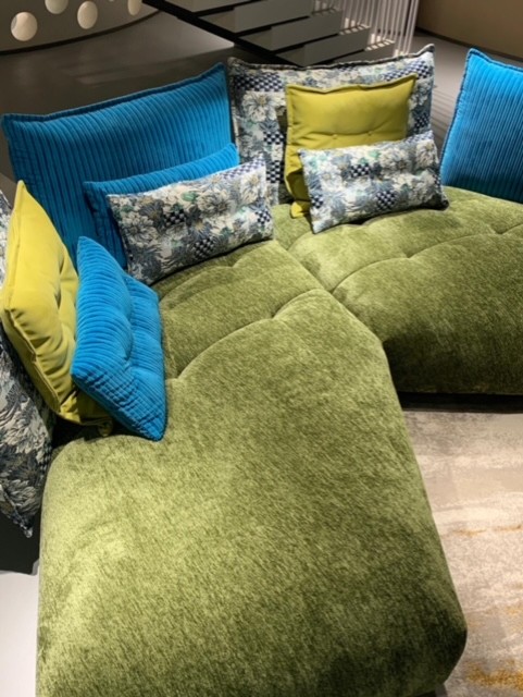 Green Chenille Sofa with Throw Pillows