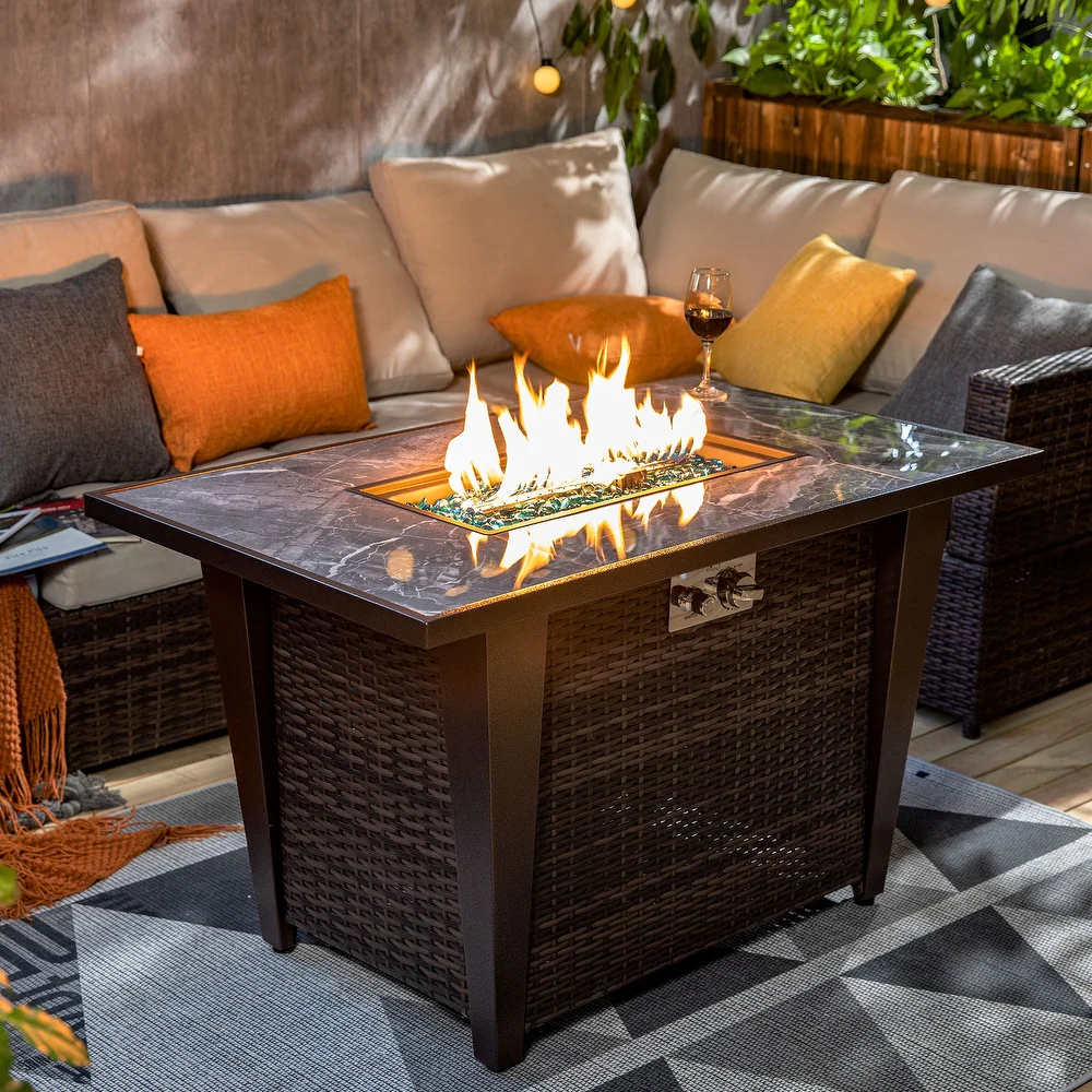 Rattan Fire Pit Table with Ceramic Tile