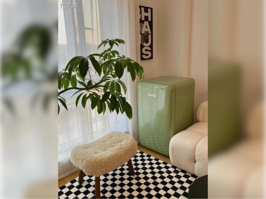 A Retro Mini Fridge in a living room