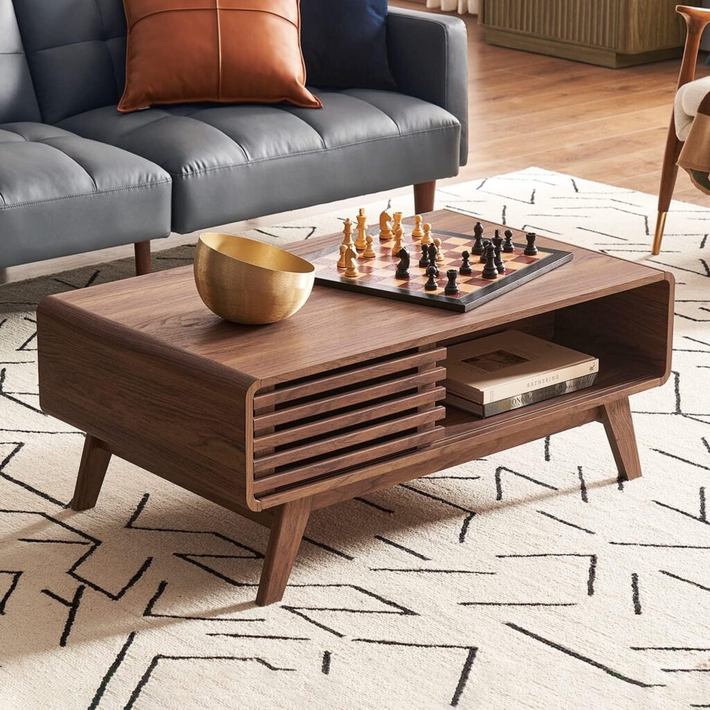  Coffee Table with Storage—Fluted Mid-century Modern Table 