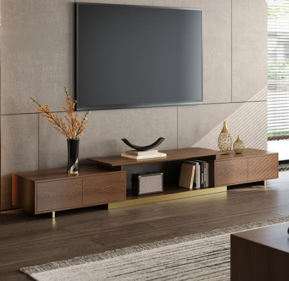 Pantone color of the year 2025 Mocha Mousse in interior design—Mordelle Extendable Walnut TV Stand with Storage