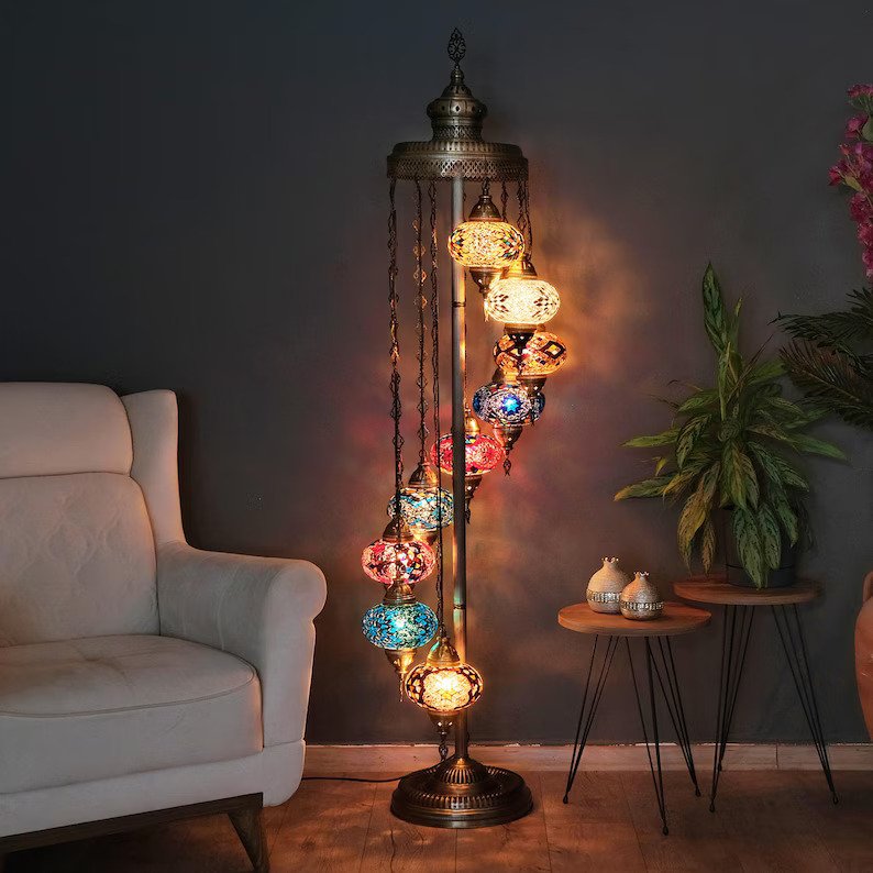 Handmade Mosaic Moroccan Globe Floor Lamp in a Living Room