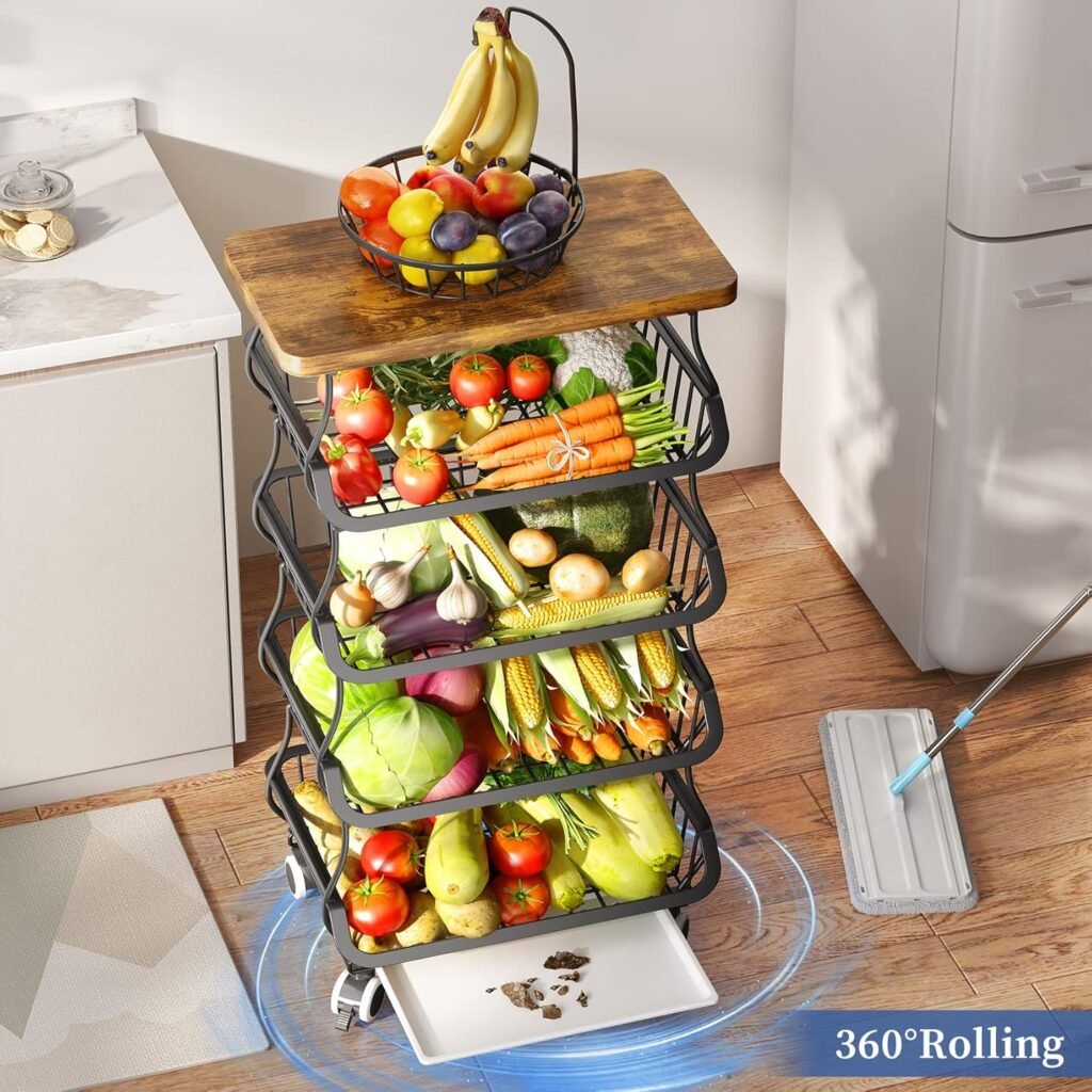 Kitchen cabinet organization ideas—Wooden Top Table, Stackable Metal Wire Basket Stand Cart